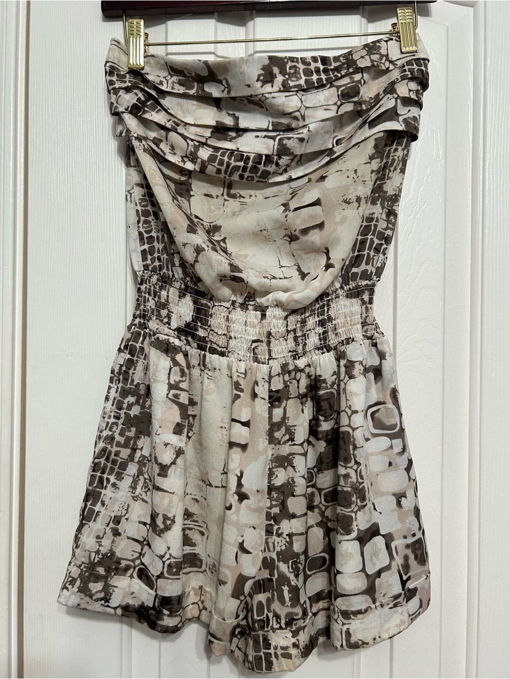 bebe Strapless Printed Mini Romper in Shimmering Brown and Cream